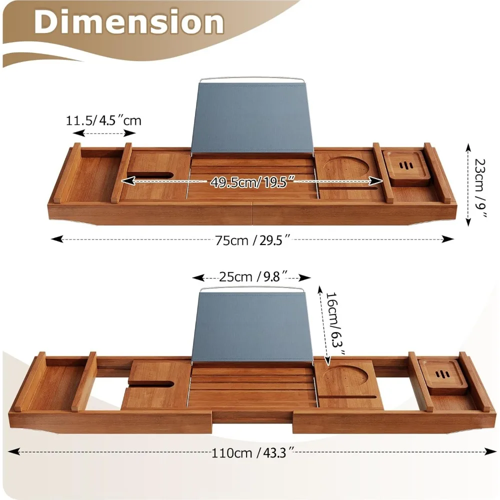 Nampan Bak Mandi Kayu Jati yang Dapat Diperluas dengan Tempat Gelas Anggur & Buku - Rak Mandi Kayu yang Dapat Disesuaikan untuk Pengalaman Spa yang Menenangkan