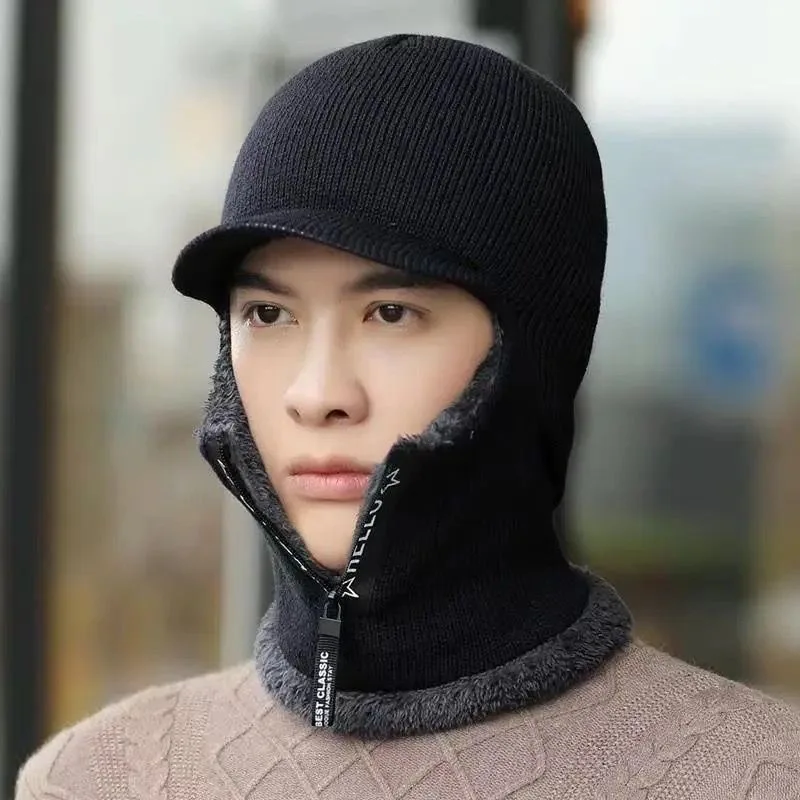 

Fleece-lined Thickened Earflaps Hat Men's Winter Warm Wool Hat Scarf Integrated Riding Cap Wind and Cold Proof Hooded PNE-Piece