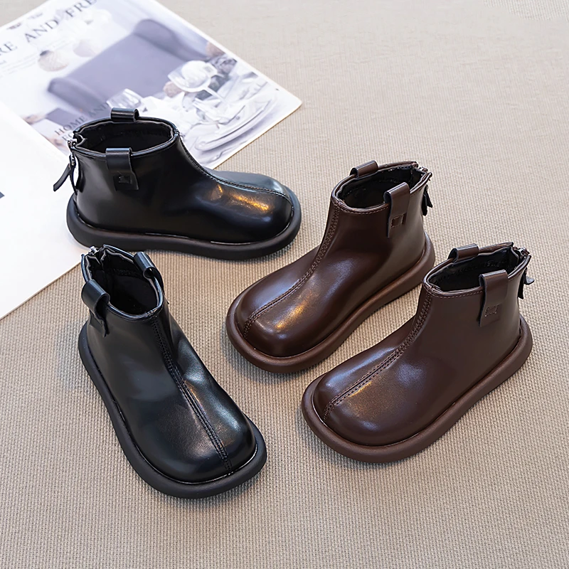 Kids Short Boots Korean Style Versatile Boys Girls Ankle Boots Soild Color Fashion 2025 Autumn New Children Leather Boots Casual