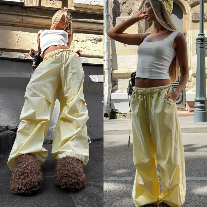 

2025 Autumn Women Cargo Pants Yellow Cotton Baggy Trousers Low Waist Drawstring Elastic Waist Wide Leg Streetwear Long Pants New