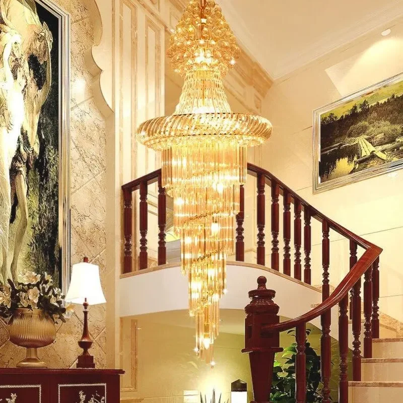 for Duplex Staircase Crystal Lamp Villa Living Room Chandelier Hotel Project Rotunda Hanging Light Retro Style