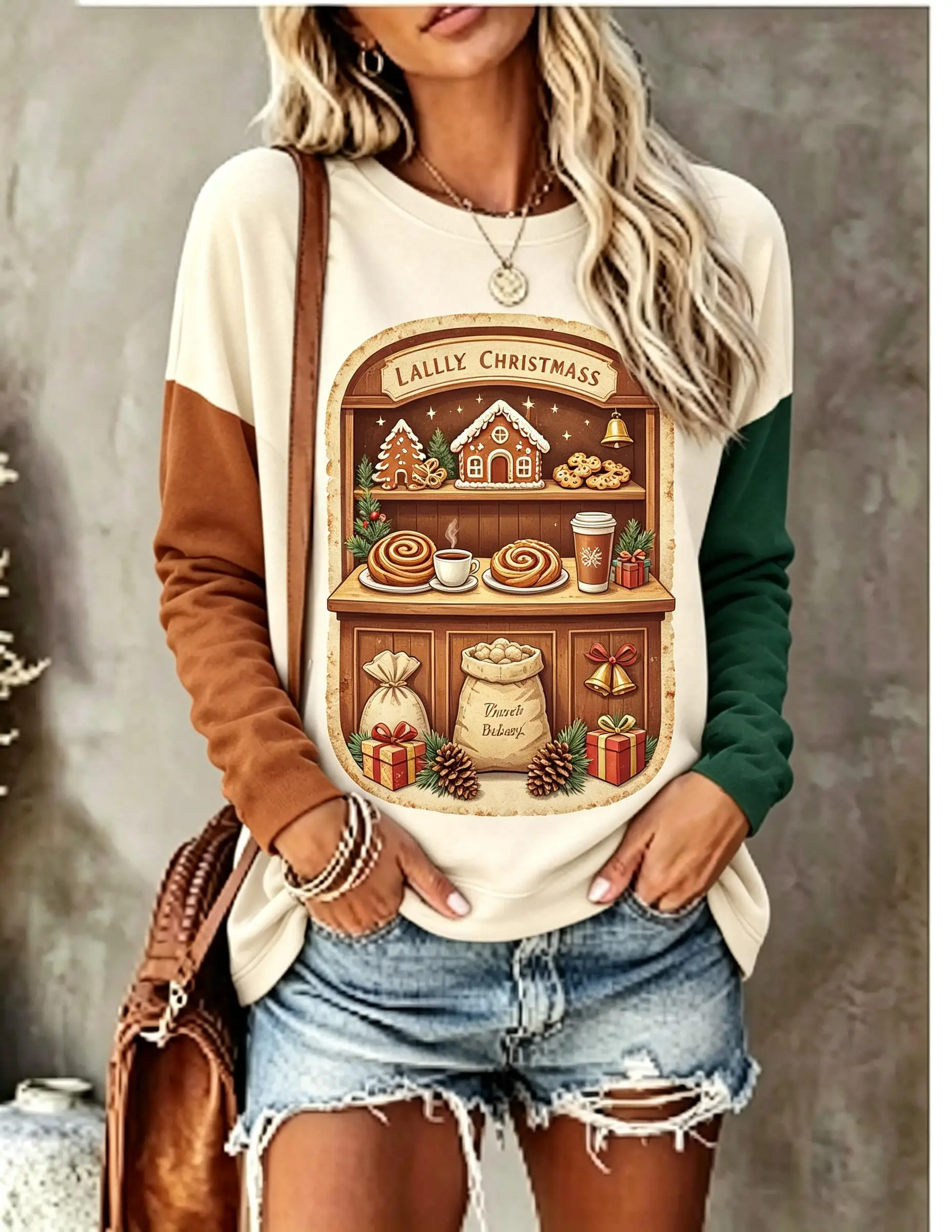 Women Long Sleeve T‑Shirt Christmas Gingerbread Man Candy Factory Conveyor Belt Color Block Print Crew Neck Casual Tops - view 5