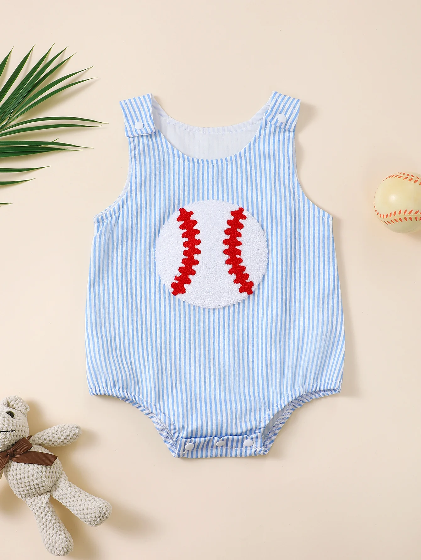 Baby Boy Summer Baseball Embroidered Pattern Sleeveless Triangle Romper Onesie for Infants