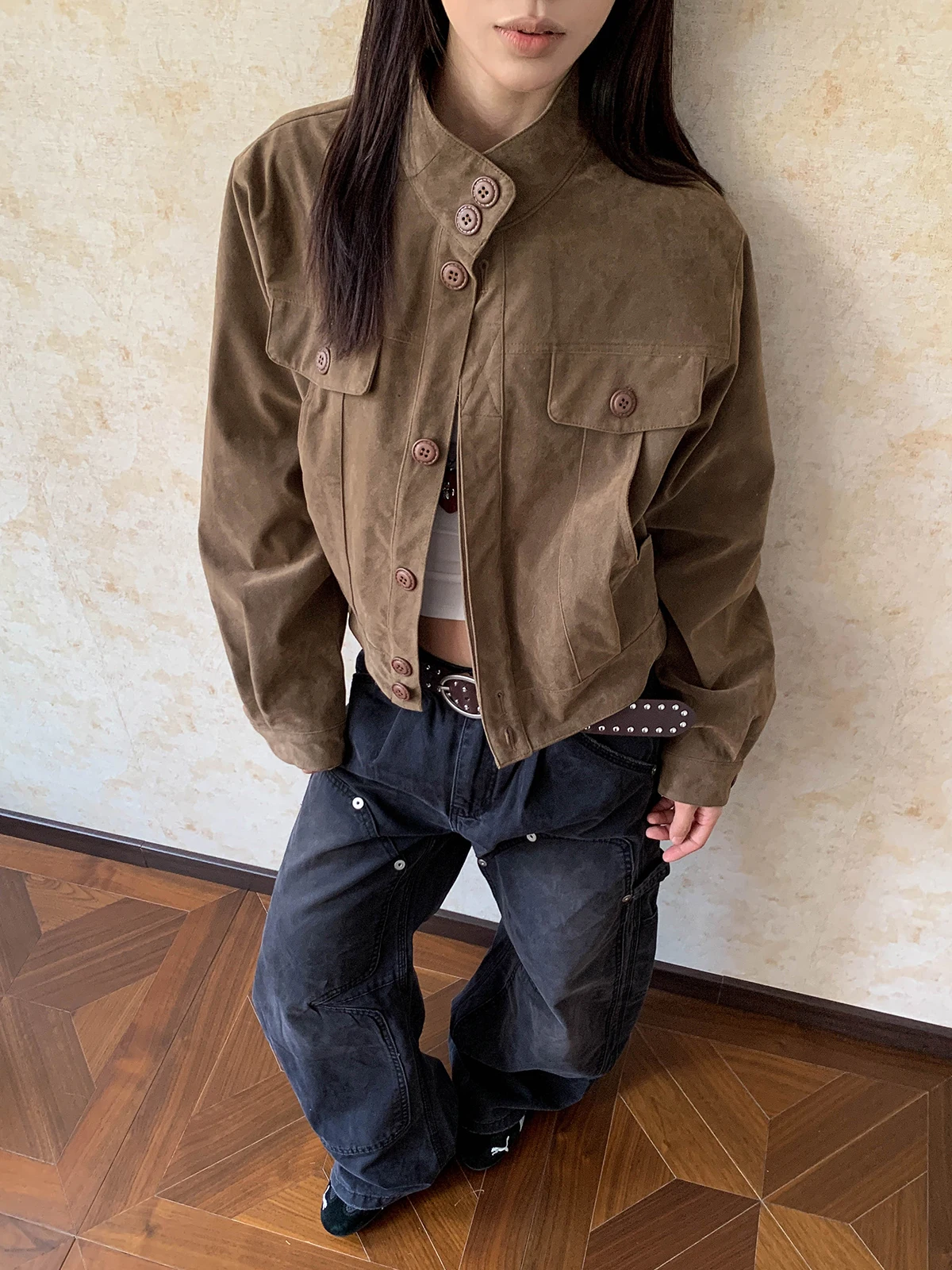 

Aket American Sle Harrington Suede Jaet Stand Collar Workwear Biker Coat Sexy Design Women's Top Retro Sle Button Decor