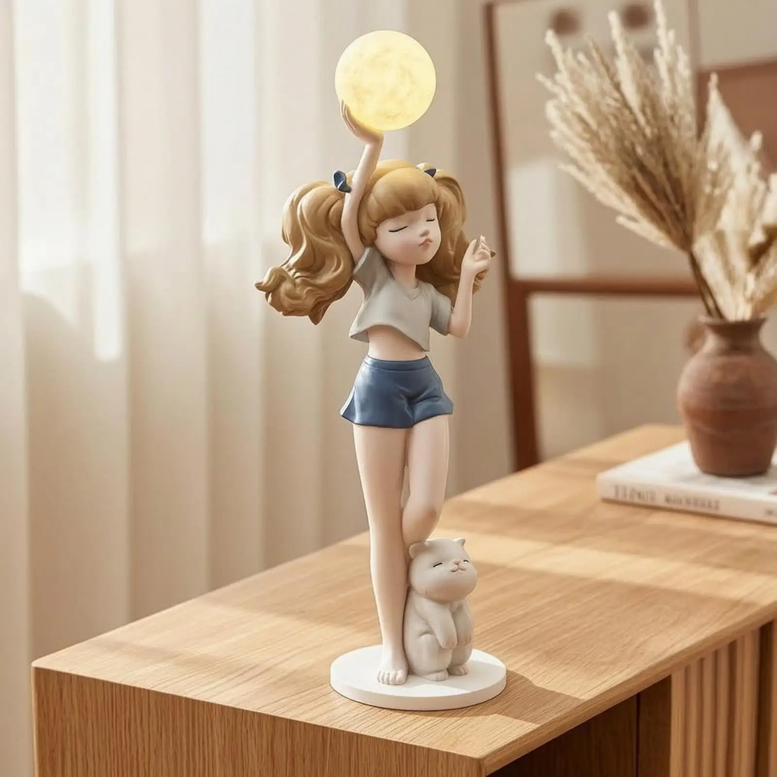 Elegant Girl Figurine Lamp with Cat Base Decorative Figurine Warm Ambient Light for Room Decoration and Living Decor view 3
