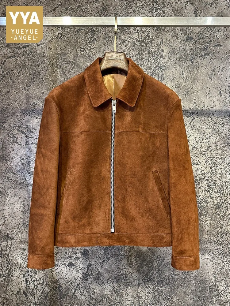 Italian Designer Mens Zipper Luxury Real Cow Suede Leather Jacket Business Casual Work Coat Slim Fit Soft Genuine Leather Jacket
