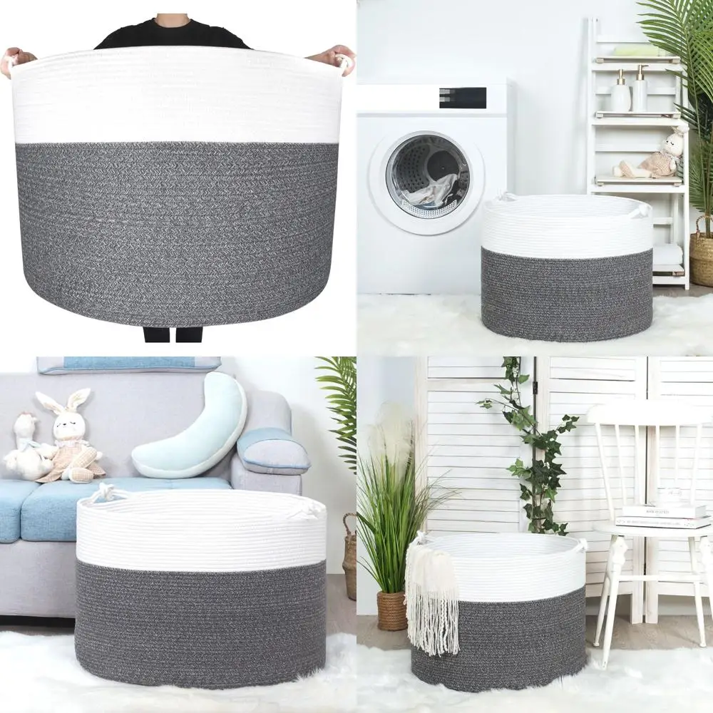 سلة كبيرة من الحبال القطنية المزخرفة لتخزين غرفة المعيشة مع مقابض واستخدام الغسيل