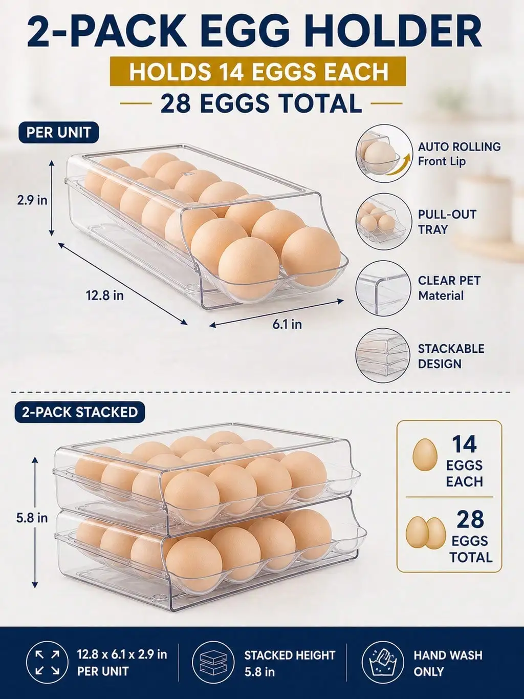2-Pack Clear Automatic Rolling Egg Holder, Stackable Fridge Drawer Organizer, 28 Eggs Total, Two-Unit Refrigerator Set