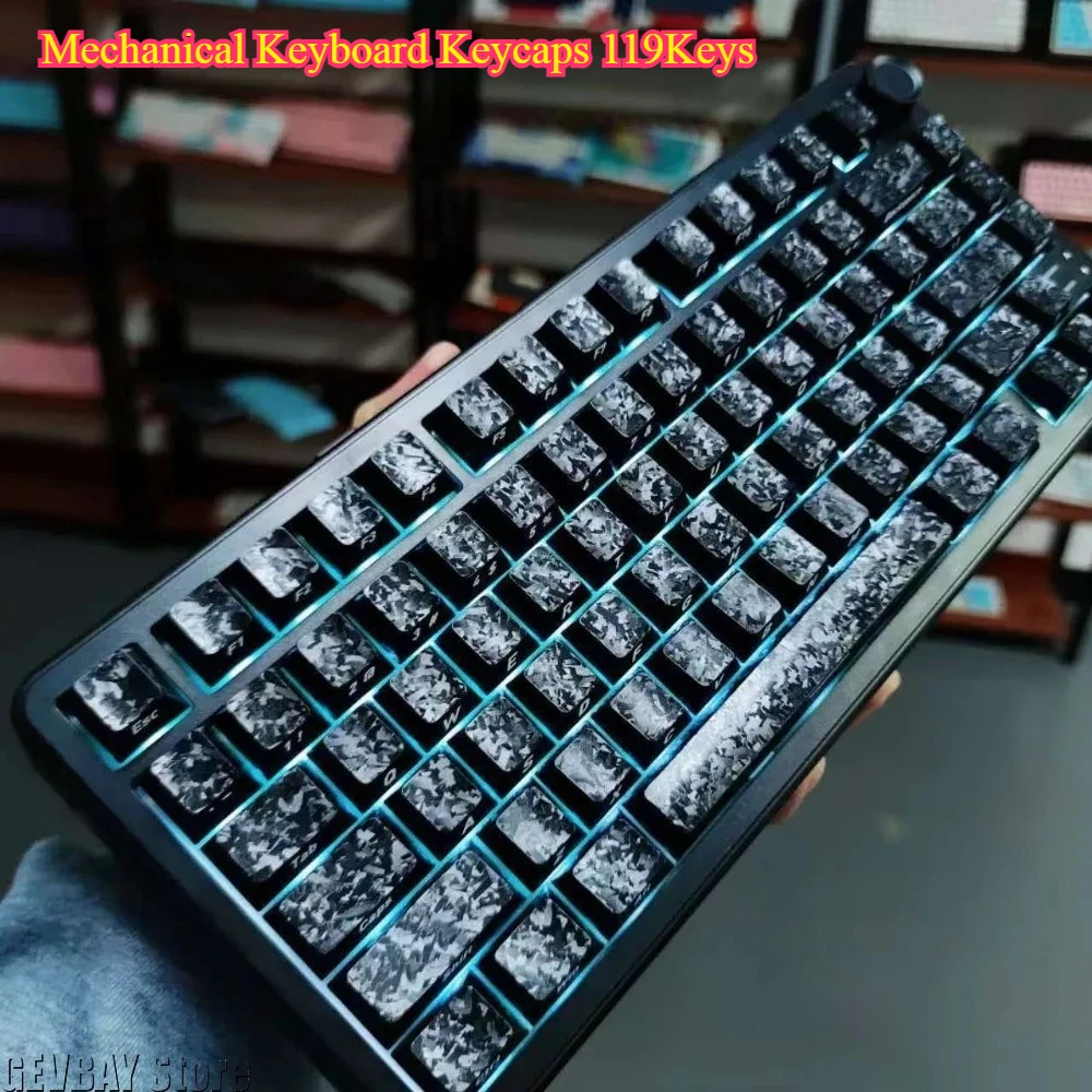 Mechanical Keyboard Keycaps 119Keys - Black PBT with Carbon Fiber Side Printed Storage Box