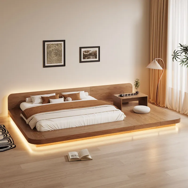 Extremely thin bedside tatami suspension master bedroom rounded corner arc platform with induction light strip solid wood