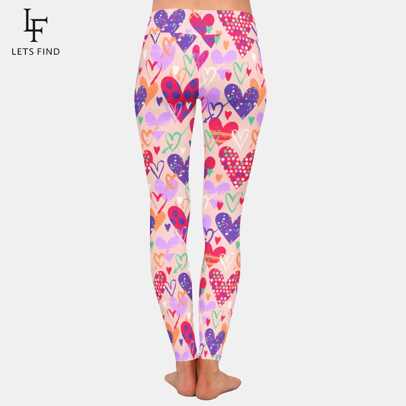 LETSFIND Fashion Valentine Day Hand Drawn Hearts Print Women Pants High Waist  Soft Fitness Elastic Full Leggings