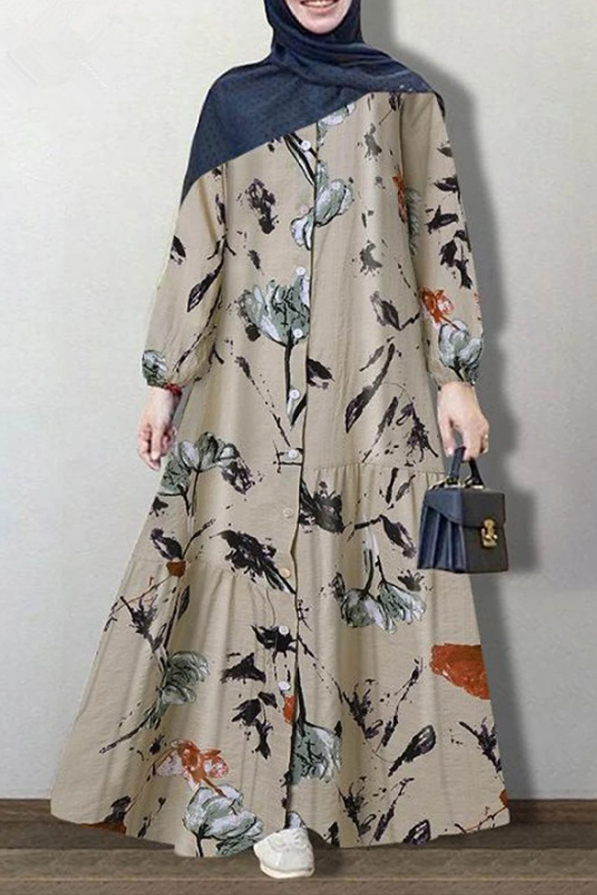 

Muslim Abaya Casual Loose Shirtdress Floral Pattern Puff Sleeve Cotton Maxi Dress for Women