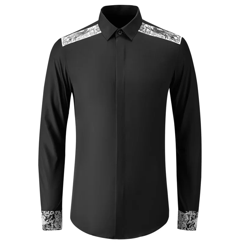 New Cotton Male Shirts Luxury Long Sleeve Shoulder and Cuff Embroidery Business Casual Mens Dress Shirts Slim Fit Man Shirts 4XL