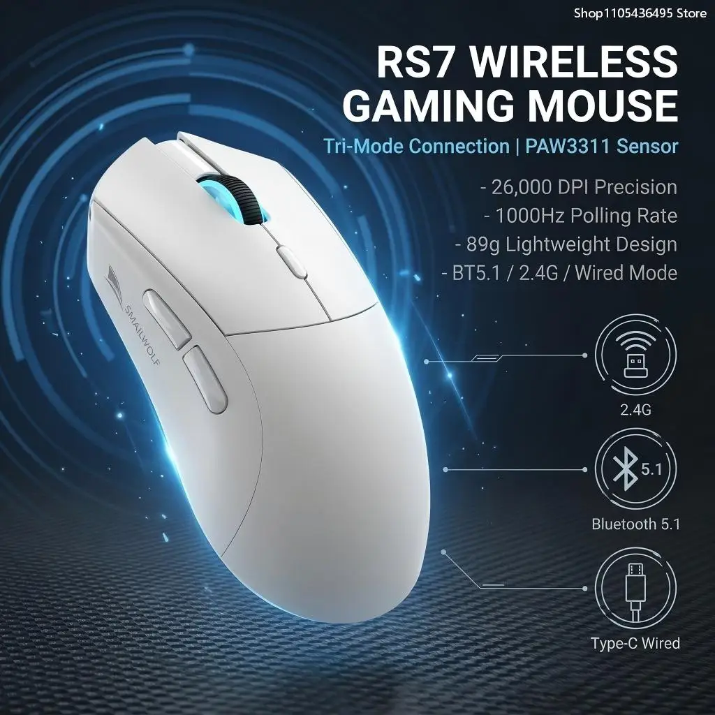 SMAILWOLF RS7 Tri-Mode Wireless Gaming Mouse Bluetooth 5.1 2.4G USB-C 500mAh Rechargeable USB Receiver for Desktop PC Laptop