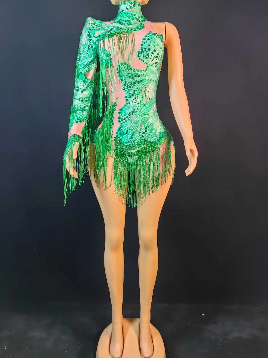 Single Sleeve Fringe Rhinestone Bodysuits For Women Drag Queen Costumes Night Club Stage Wear White Green Red Body Suits