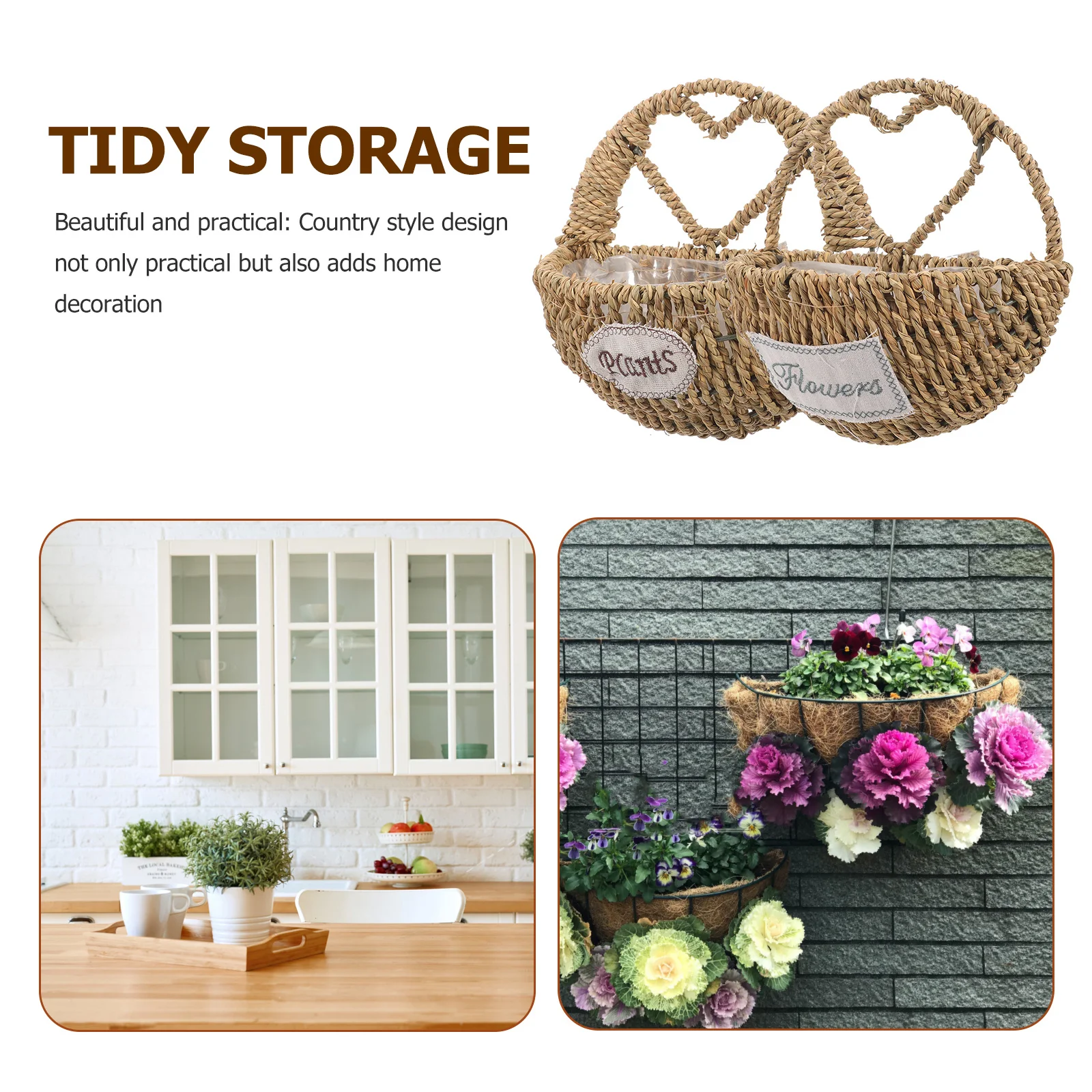

2Pcs Hanging Straw Basket Flower Planter Wall Mounted Storage Basket for Garden Home Office Wall Decoration Hanging Baskets
