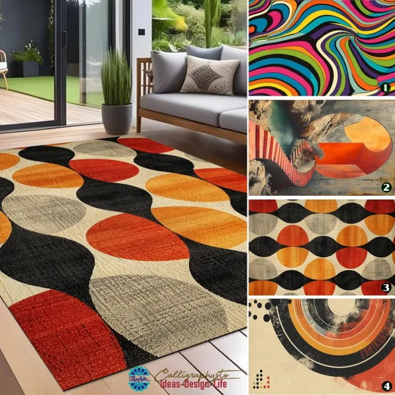 70er Jahre Retro gebrannter orange Teppich erdig braun und creme geometrisch Mitte des Jahrhunderts moderne Innen Außen terrasse und Veranda Dekor Bereich Teppich