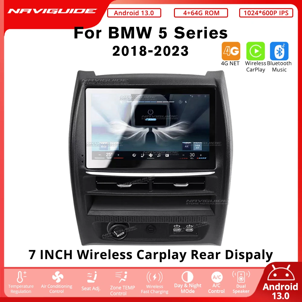 NAVIGUIDE Android 13 Wireless CarPlay Rear Seat Display Screen For BMW 5 Series 2018-2023 4G+64G Multimedia Player AC Air Panel