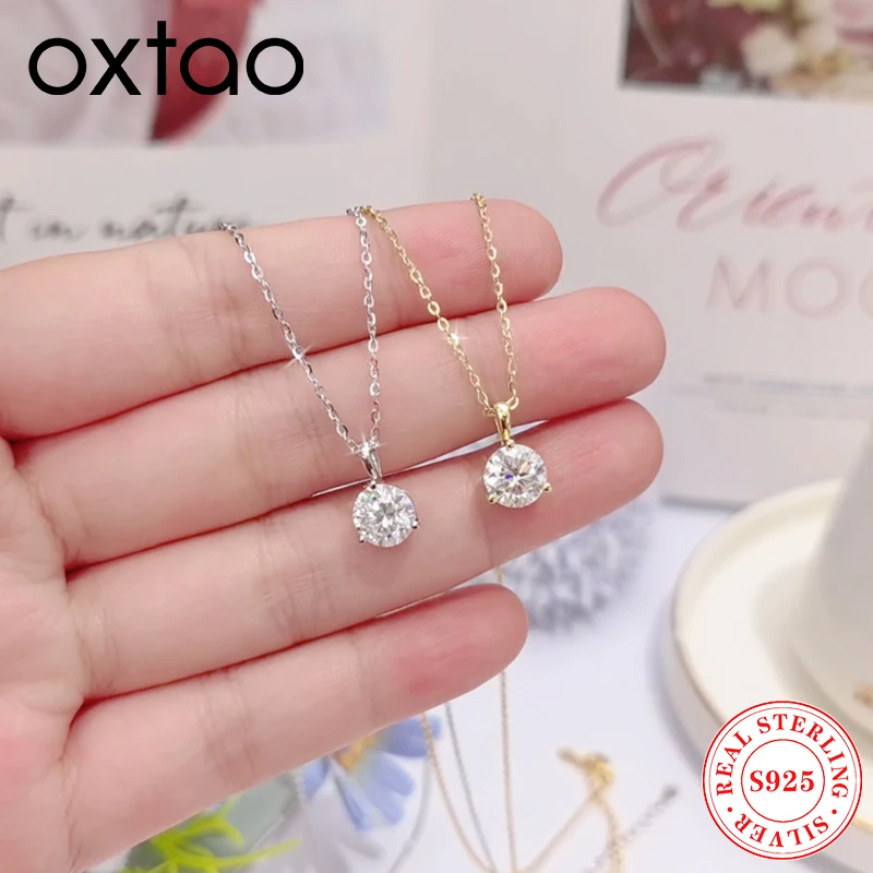 

OXTAO D VVS1 Moissanite Solitaire Pendant Necklace 1CT-2CT 925 Sterling Silver Simple Three Claw Pendant Anniversary Gift