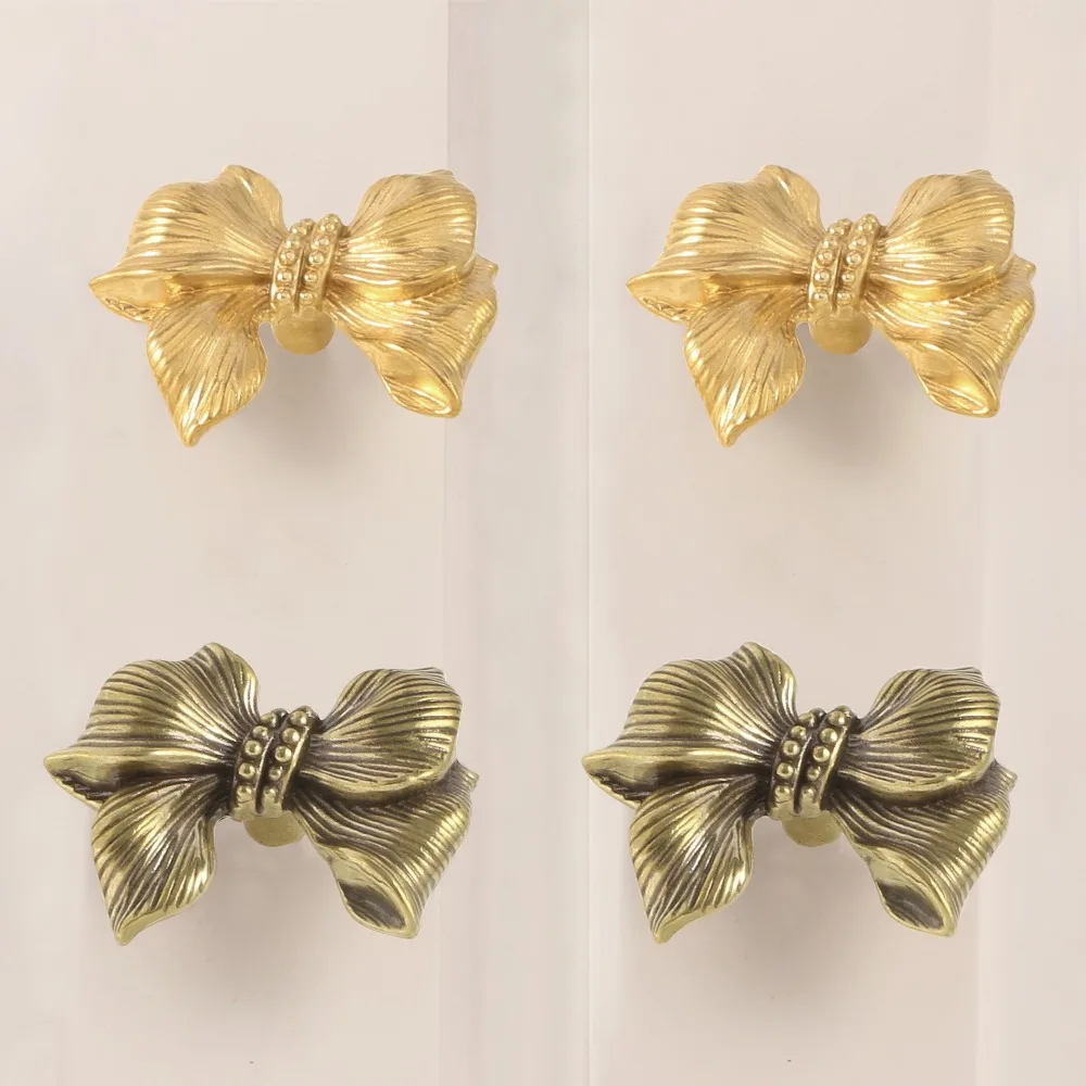 빈티지 골드 컬러 나비 넥타이 황동 손잡이 레트로 럭셔리 캐비닛 도어 손잡이 푸시-풀 단일 구멍 옷장 서랍 주방