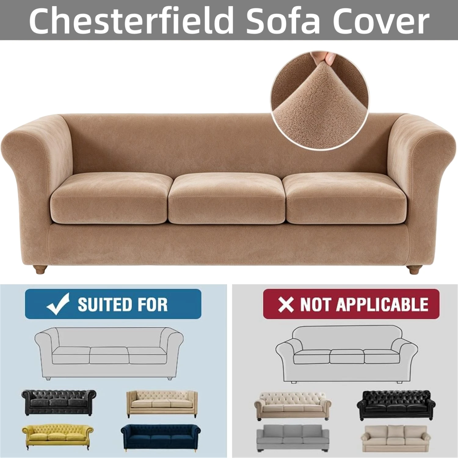 Stretch Chesterfield Couch Cover 1/2/3 Seater Velvet Sofa Slipcover for Living Room Non-Slip Pet-Resistant Furniture Protector