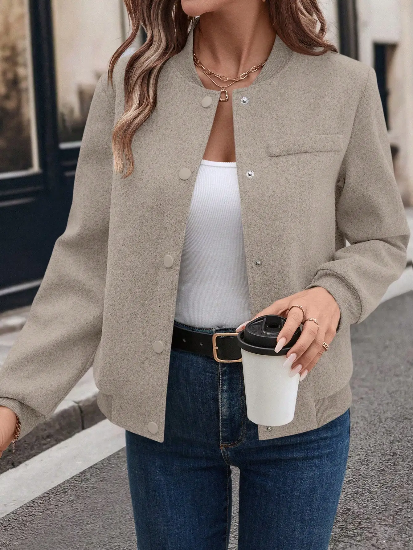 

Ladies minimalist jacket; short bomber jacket! Monochrome match, casual style