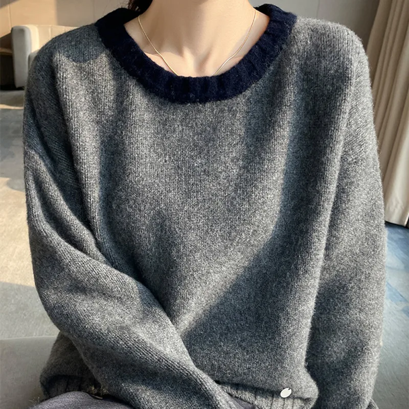 رائجة البيع جديد 100% ميرينو الصوف السيدات الجولة الرقبة سترة فضفاضة الراقية طويلة الأكمام الكشمير متماسكة البلوز المرأة الخريف/الشتاء #6