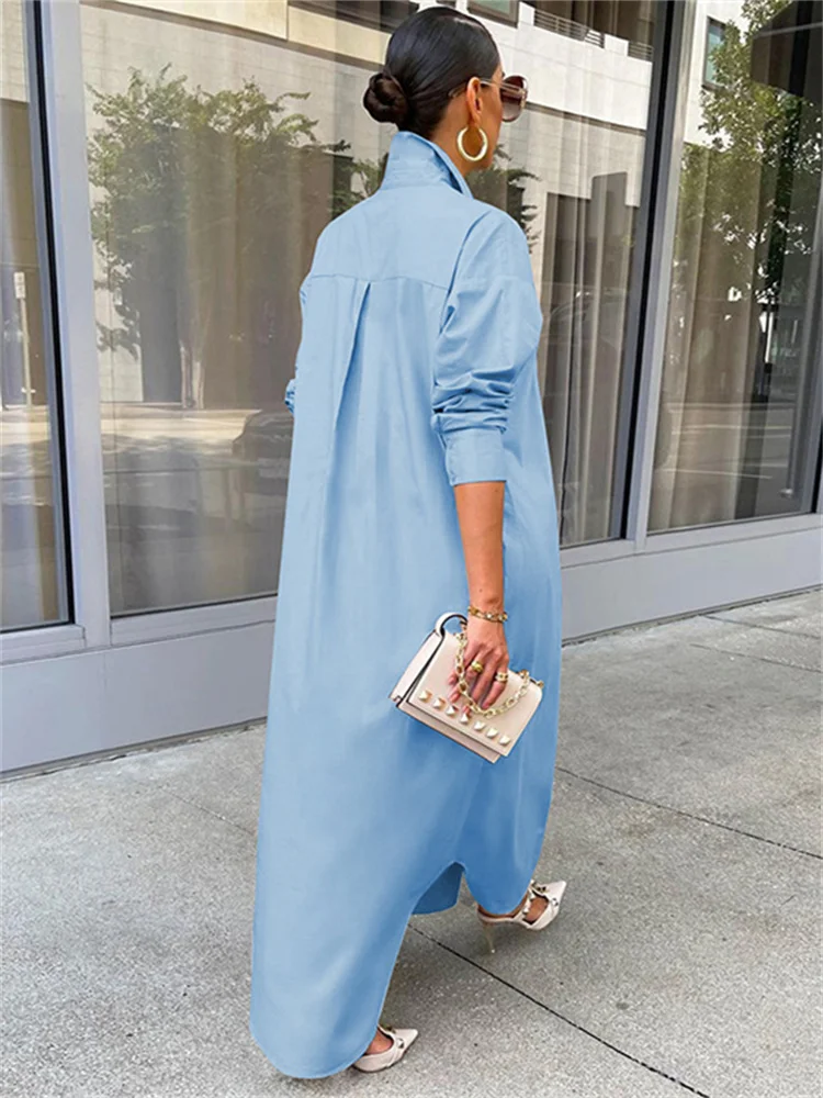 CHRONSTYLE Women Loose Casual Kaftan Long Maxi Shirts Dress 2022 Solid Long Sleeve Lapel Single-breasted Dresses Female Vestidos