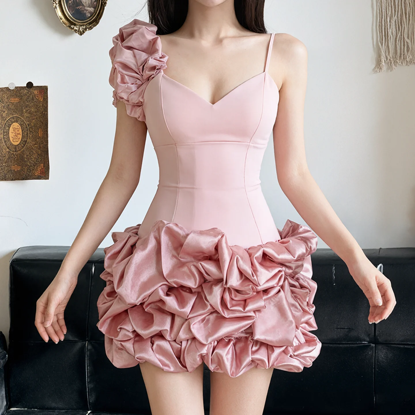 

Sweet Folds Ruffles Camis Dress Sexy Slim V-Neck Sleeveless Mini Dresses For Women 2026 Summer Fashion Streetwear Ladies Party