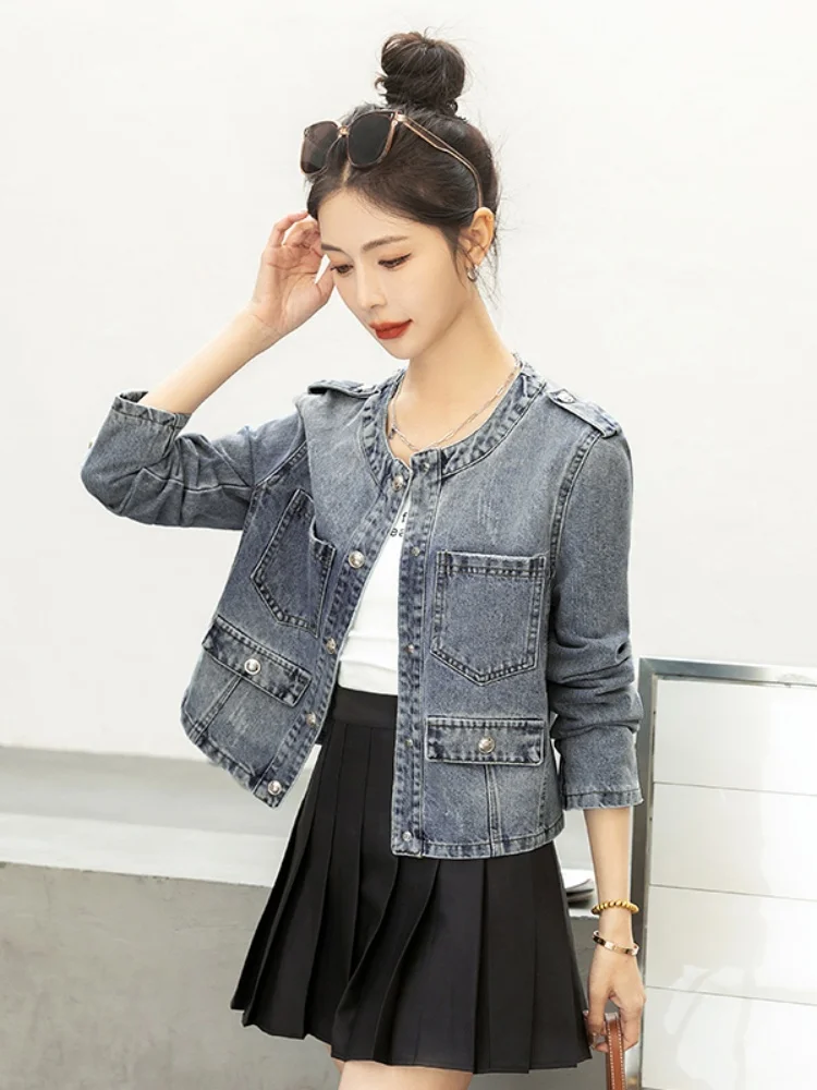 

Ele Blue round Ne Denim Jaet Women's Spring Autumn 2025 New Sle Vintage Design Open Cardigan ort Top