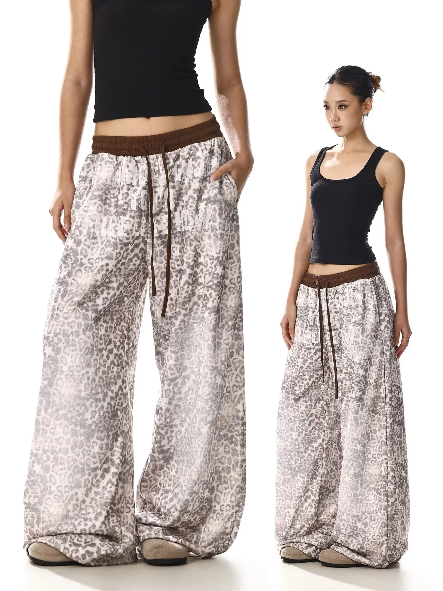 Y2k American Leopard Pants Women High Waist Streetwear Retro Trousers Harajuku Fall Winter Casual Bf Lace Up Pants
