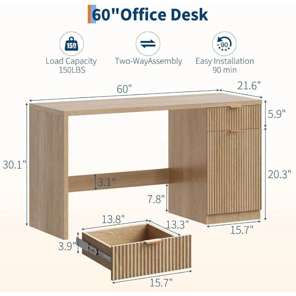60-inch Fluted Executive Desk with Storage Cabinet, Suitable for Home Office, Study, and Living Spaces