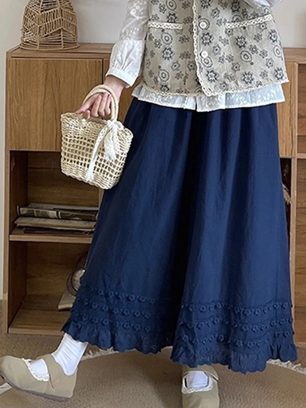 

Cotton Linen Lace Trim Wide Leg Pants Women Summer Artistic Elastic Waist Linen Nine Points Pants Lace Straight Tube La...