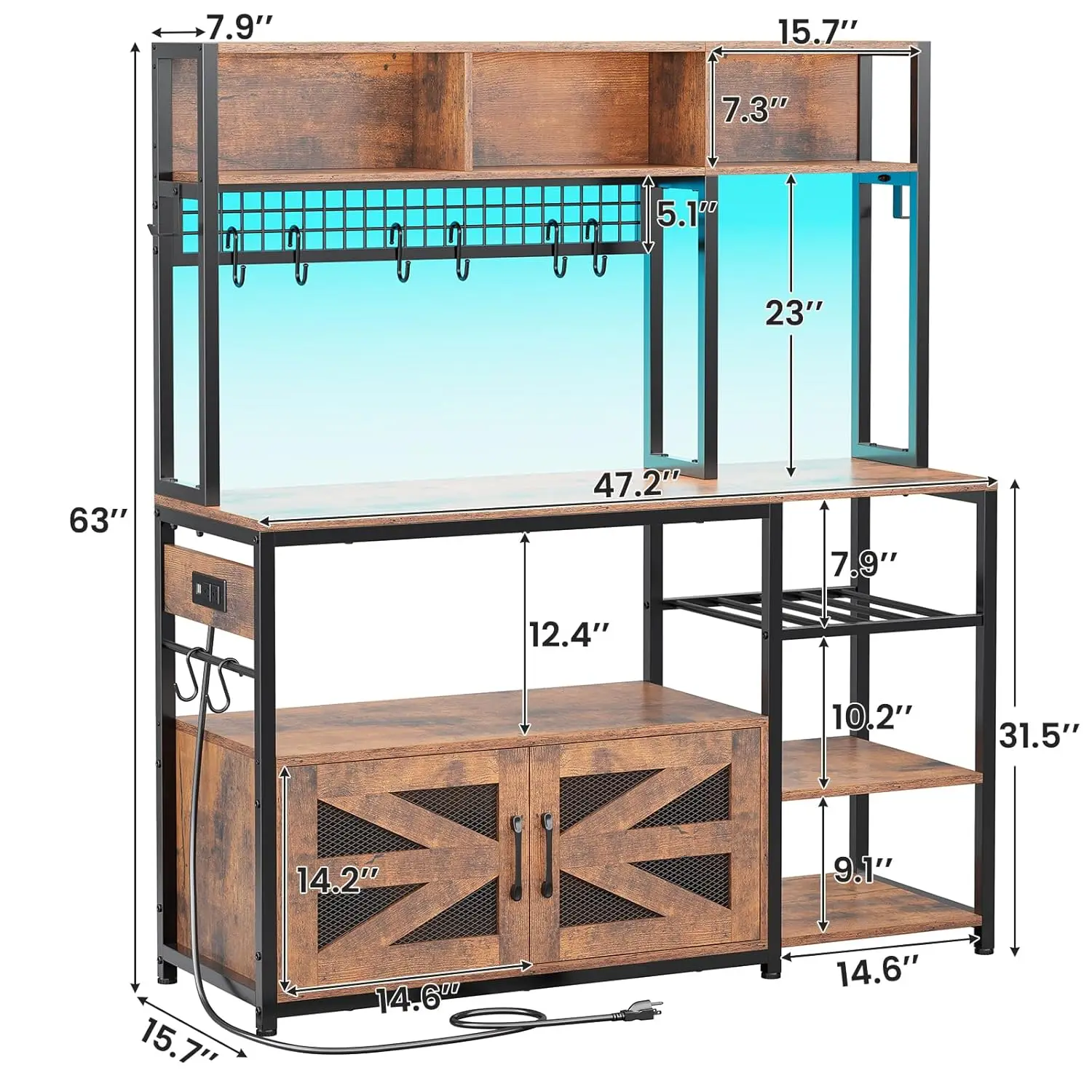 47.2 Inch Bakers Rack with Power Outlet, Microwave Stand with Storage, Farmhouse Coffee Bar Cabinet Station with Wine Rack, Iron