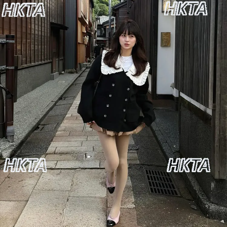 Japanese Sweet Ruffle Edge Lapel Loose Casual V Neck Knitted Sweater Cardigan Coat Female 2026 Spring New Black Top Jacket Women