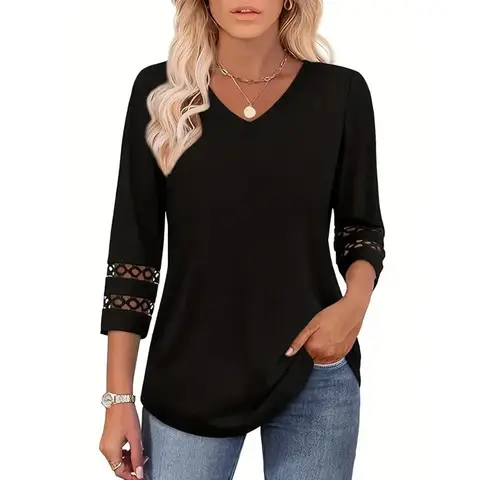 Grande taille nouveau femmes solide 3/4 manches évider col en v Blouse hauts dames décontracté vacances pull