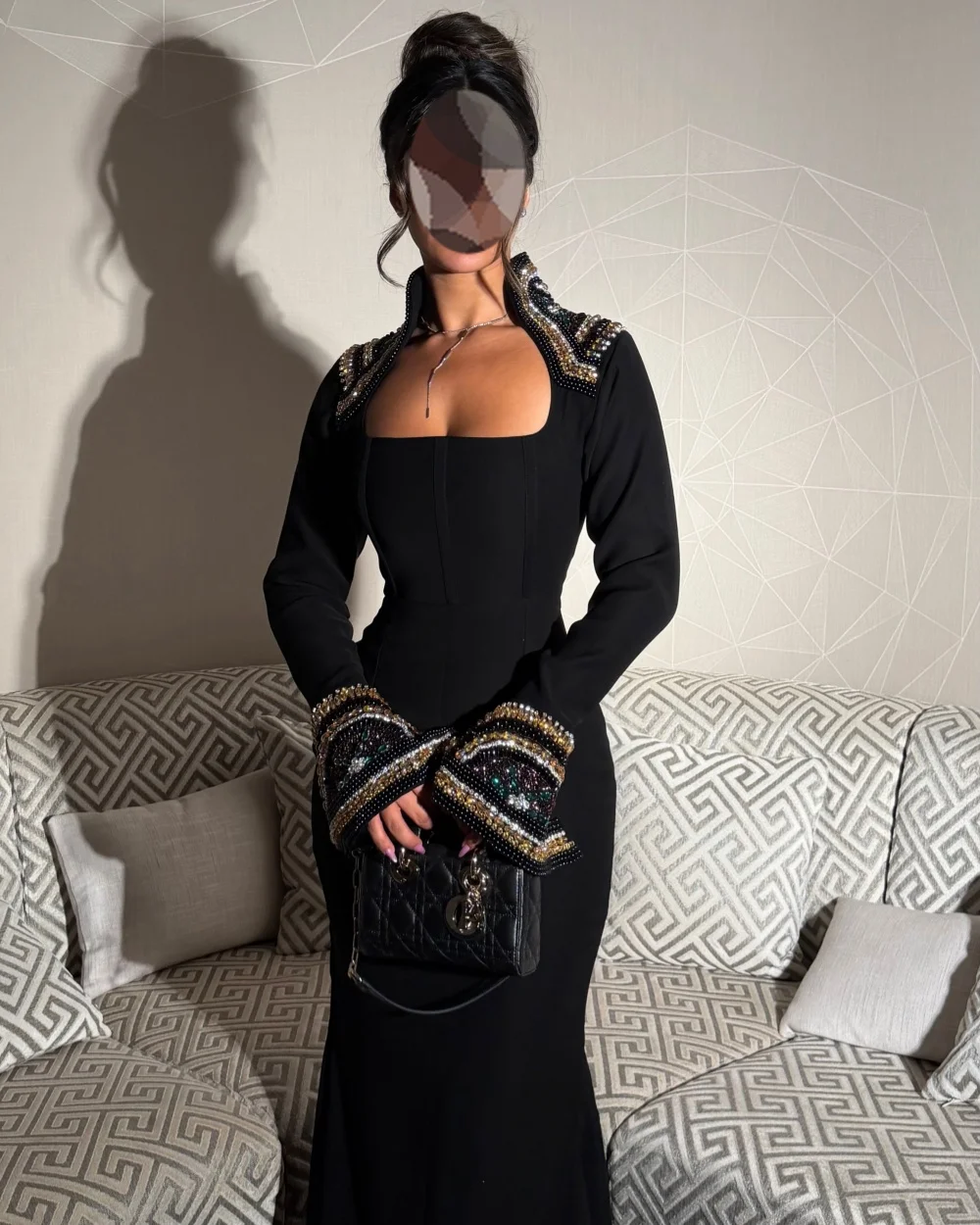 Maßgeschneiderte Elegante Damen-Jersey-Kleider mit Strass-Verzierung Gerade Abendkleider Klassischer Hoher Kragen Lange Ärmel Bodenlange Kleider