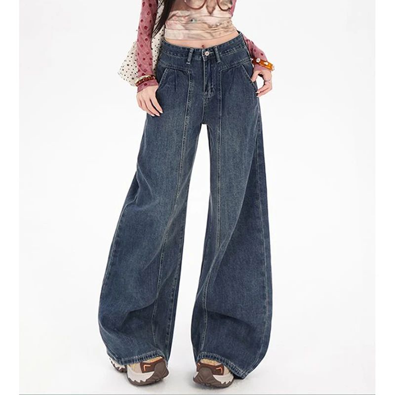 Vintage Wide Leg Denim Jeans Women Streetwear Folds High Waist Loose Jeans Retro Casual Fall All Match Female Straight Pants New