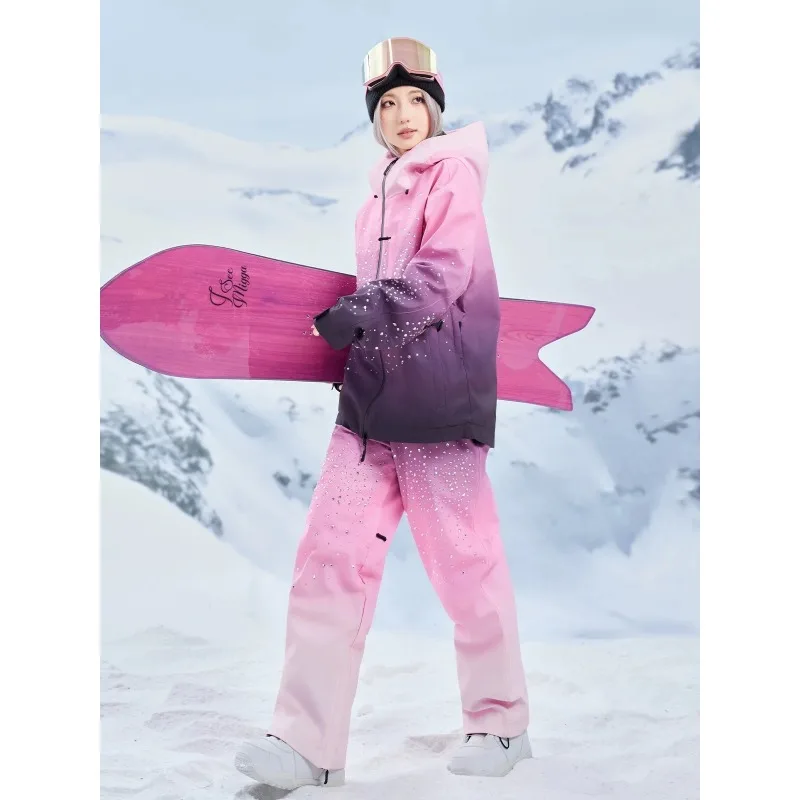 Unisex Gradient Rhinestone-Embellished Ski Suit Set, Waterproof Windproof Insulated Jacket & Bib Pants view 2