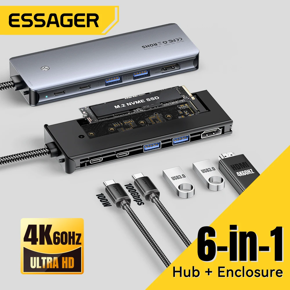 Essager 6-IN-1 USB C HUB Docking Station USB C con custodia per disco rigido M.2 NVMe SSD adattatore da tipo C a HDMI per Macbook Pro