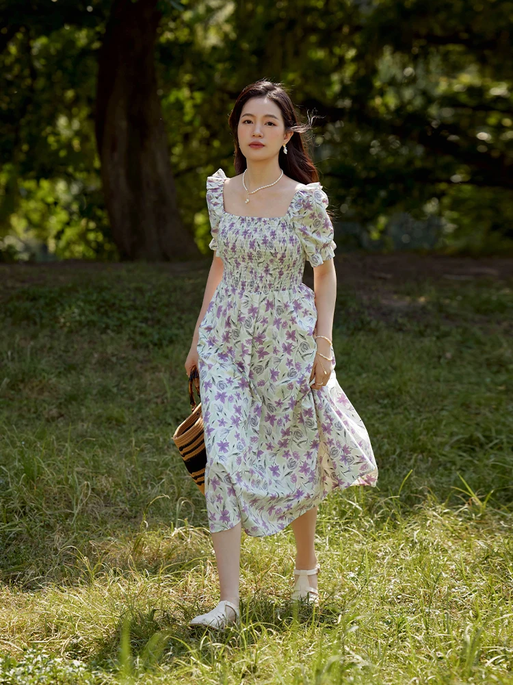 DUSHU 100% Cotton Floral Sweet Commuter Women Mid-Calf Dresses Bust Designed Puff Sleeve Female Long Dress Summer Floral Skirt