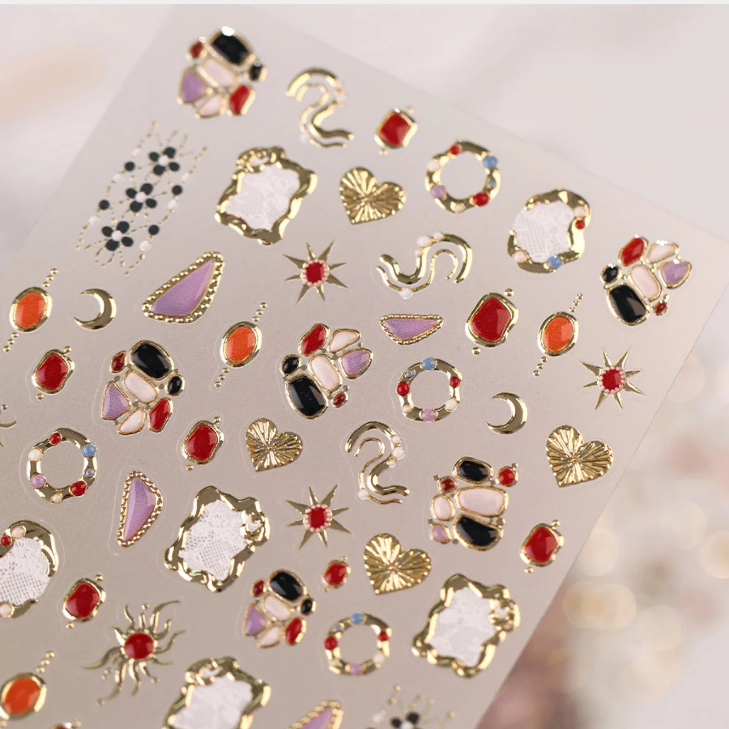 Antique Metal Border 5D Nail Stickers Asymmetric Frame Color Gem Heart Sun Star Moon Heart Stone Self Adhesive Retro Nail Decal