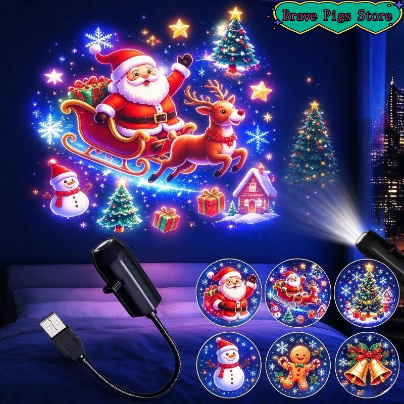 [HM]USB Christmas Projection Lamp 6 Xmas Patterns Flexible Gooseneck Projector Light Holiday Home Wall Decor[HM]