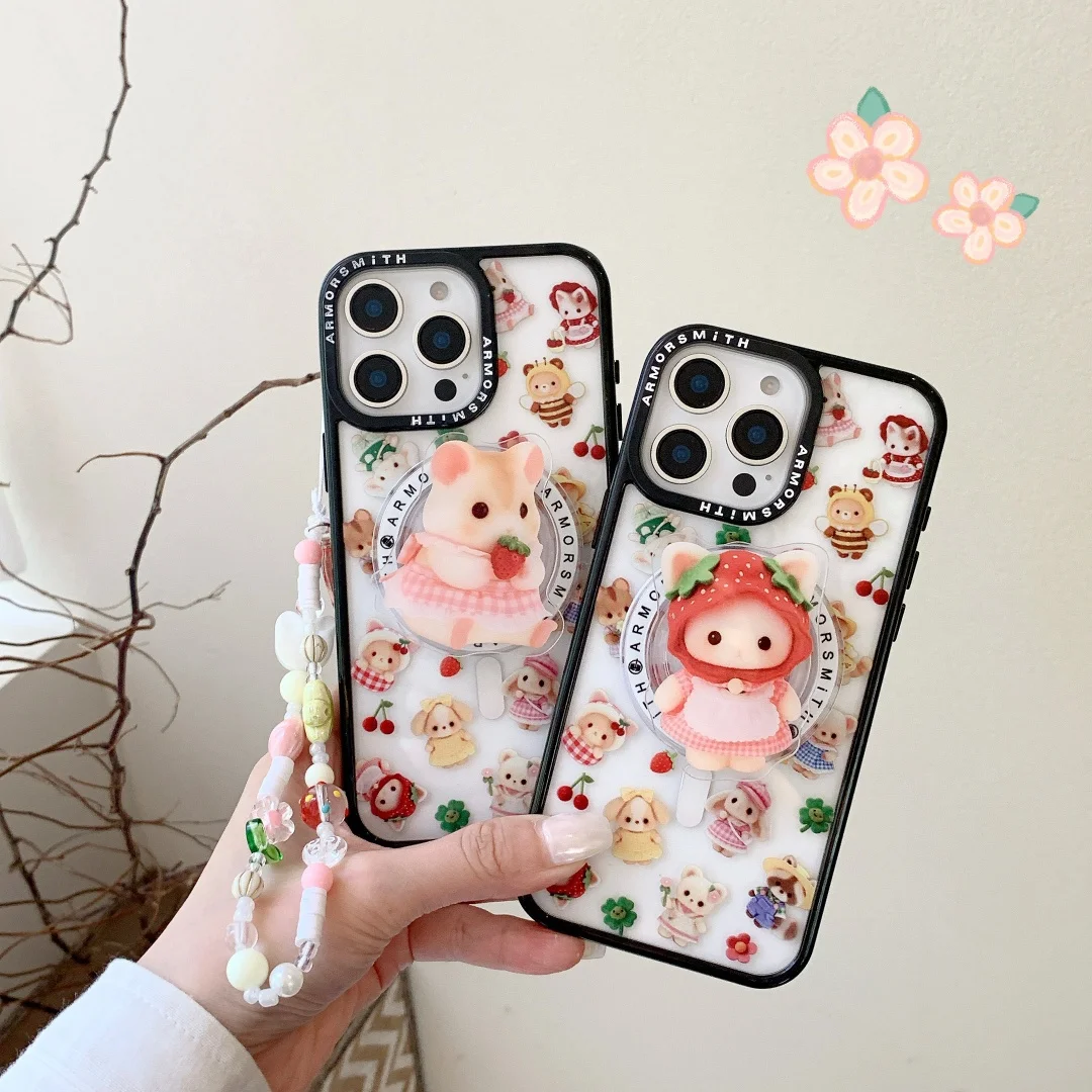 

Korean Cute Cartoon Bear Phone Case for Iphone 17 16e 15 14 13 12 11 Pro Max Air anti-fall Case with Magnetic Stand and lanyard