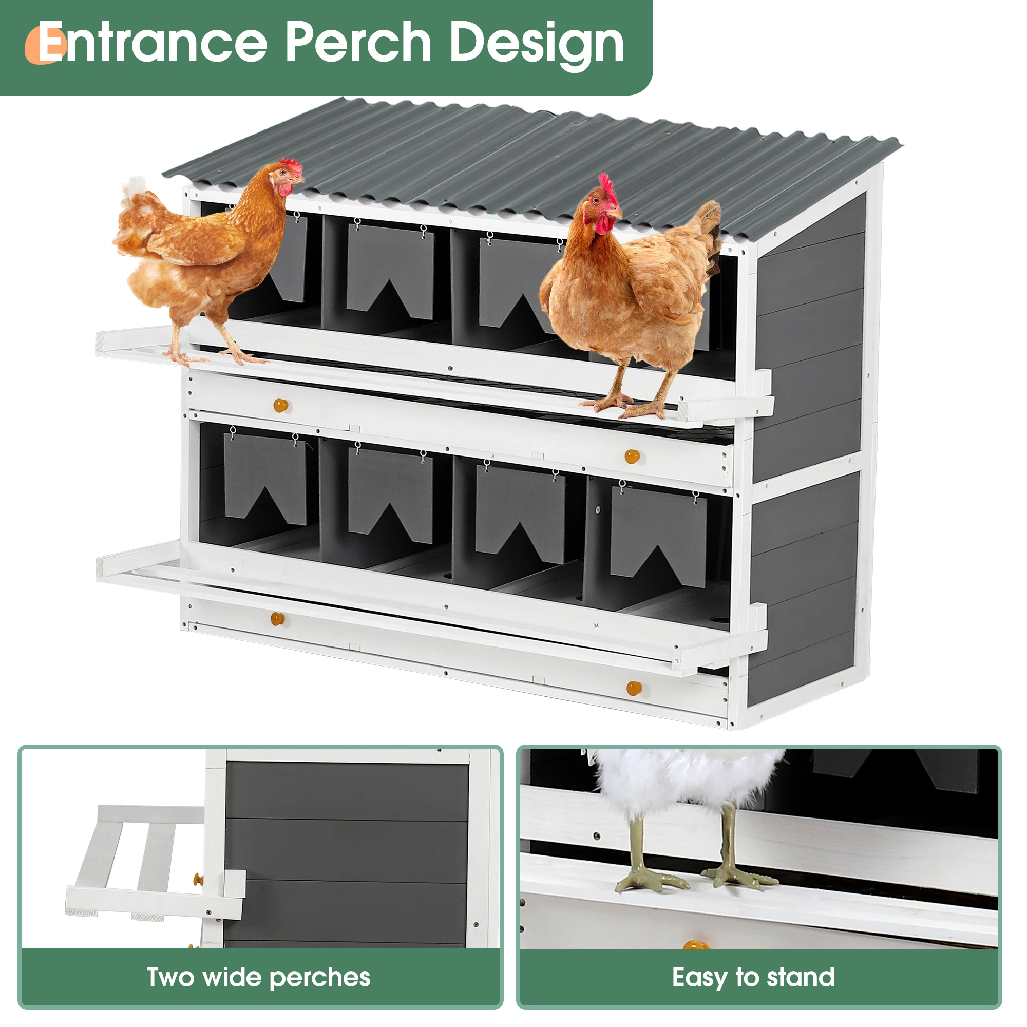 Wooden Chicken Coop Solid Pine Wood With 8 Compartments Egg Laying Boxes 2 Roll Out Egg Collection Drawers 4 Vented Holes