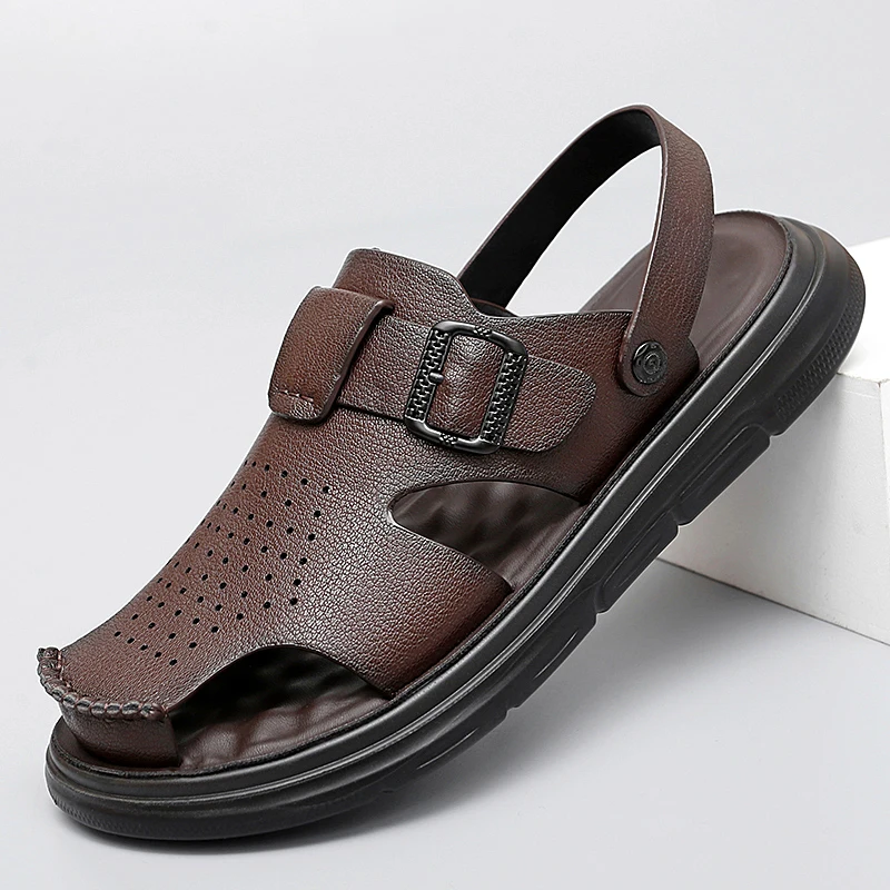 

Summer Sandals Leather Outdoor Men Beach Shoes Luxury Breathable Casual Sandals Man Wading Shoes Non-slip Comfort Slippers