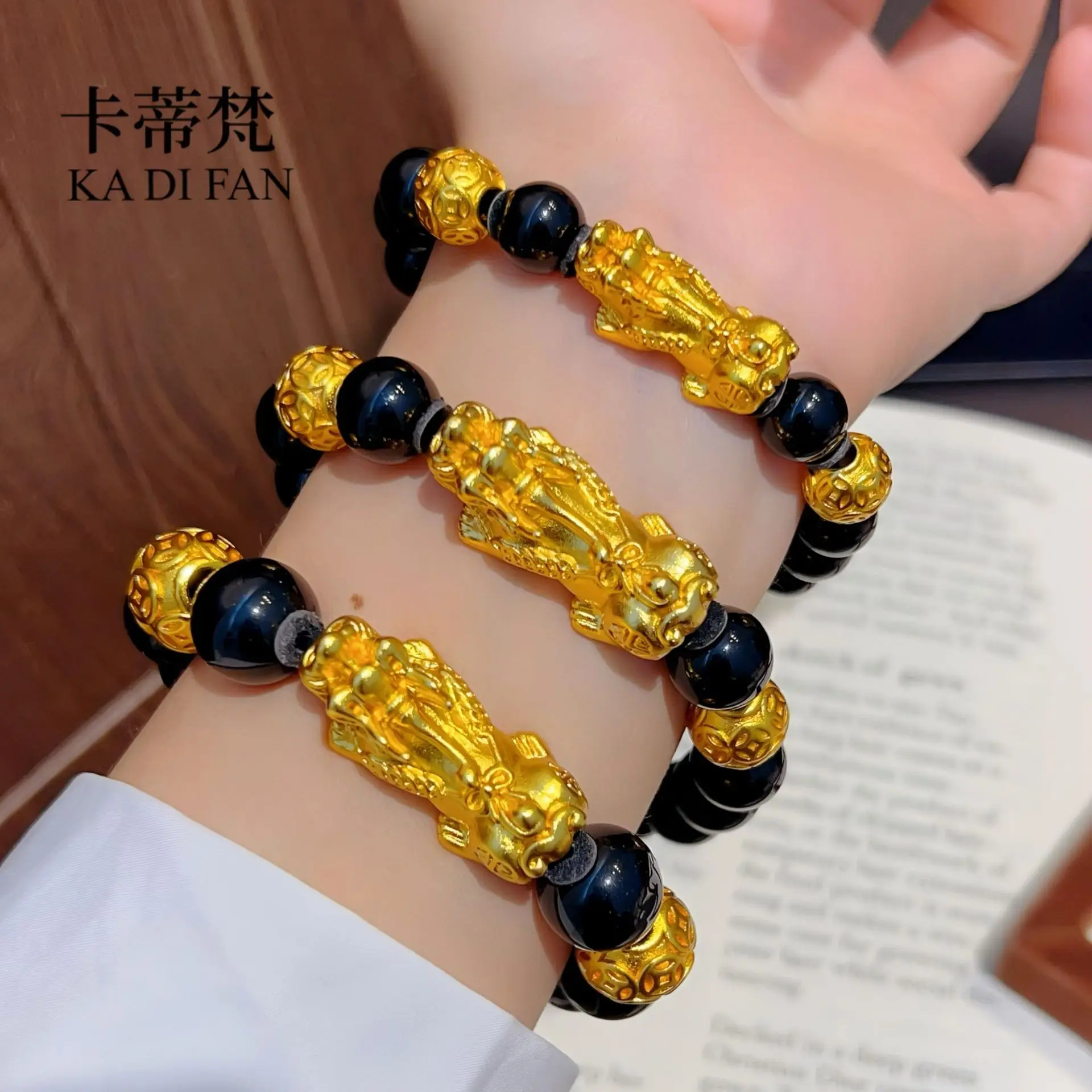 Luxury jewelry 24K real gold lucky Pixiu bracelet transfer beads au999 pure gold black agate bracelet for men and couples