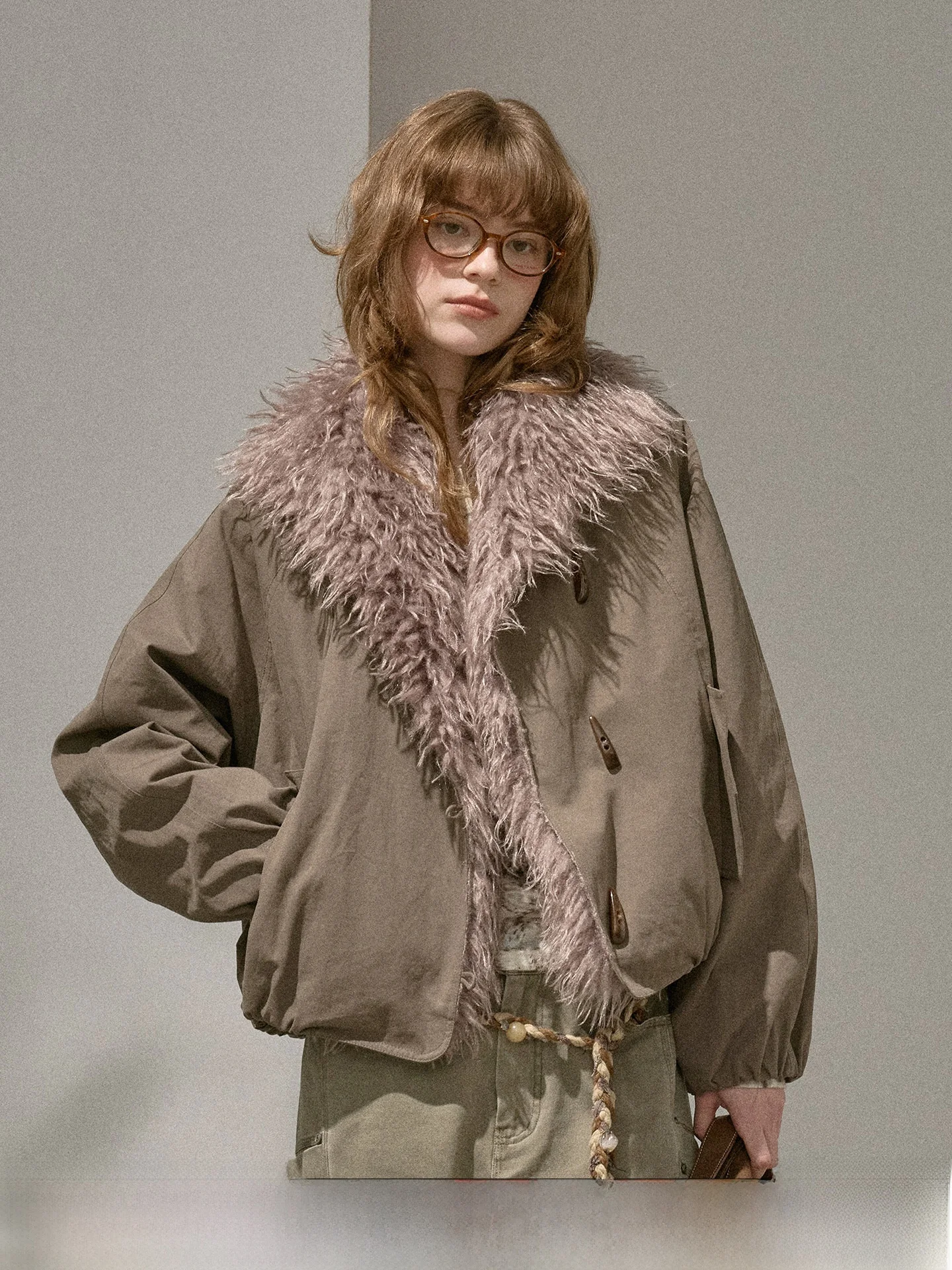 

DIDDI MODA Fluffy Puff Sve Long Sve Fce Lined Loose Winter Jaet Large Collar Coat Women's Cotton Thiened Jaet