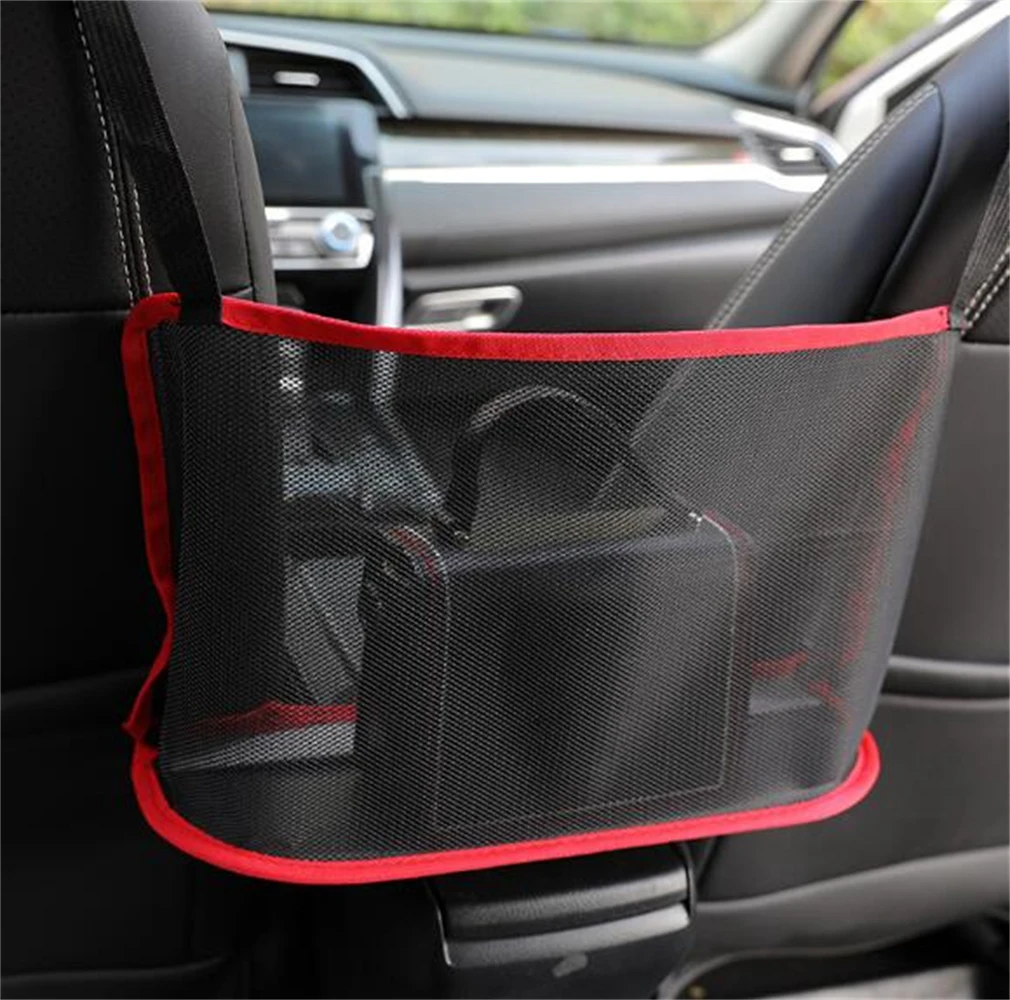 Universal Car Red Line Net Drink Food Holder Seat Back Storage Box Basket Tool Container Rear Storage Bag Car Ice Trash Bag