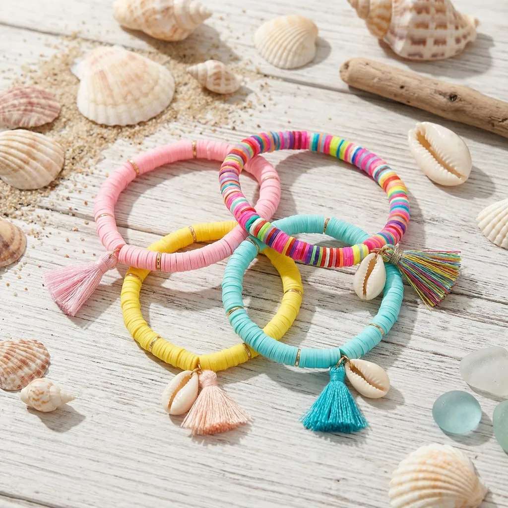 Bohemian Tassel Colored Woven Bracelet with Fashionable Polymer Clay Beads Shell Design for Women Summer Beach Gift